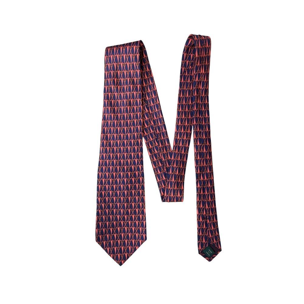 J.Crew VTG Silk Tie Navy Blue Pink Equestrian Horse Bit Geometric Made in USA